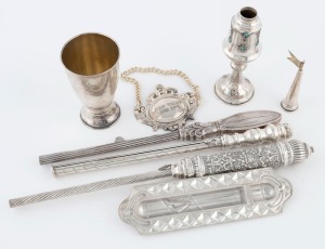 JUDAICA group of seven assorted silver items including kiddush cup, wine label, mezuzah case, spice tower, and three candle lighters, 20th century, the largest 33cm long, 450 grams total