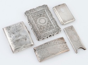 Sterling silver calling card cases, cigarette case, vesta etc, 19th/20th century, (5 items), the largest 10cm high, 208 grams total