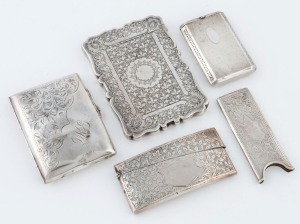 Sterling silver calling card cases, cigarette case, vesta etc, 19th/20th century, (5 items), ​​​​​​​the largest 10cm high, 208 grams total