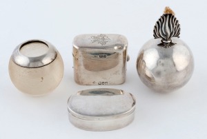 An antique sterling silver travelling inkwell, silver mounted glass table vesta, silver snuff box, and a military sterling silver bomb-shaped table cigar lighter, (4 items), the lighter 9cm high