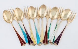 Norwegian 925 silver and enamel spoons and forks, (12 pieces), ​​​​​​​14.5cm long, 300 grams total