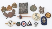 BADGES & MEDALS including 9ct gold example (6.3 grams), plus a miniature sterling silver covered book, 19th and 20th century, (16 items)