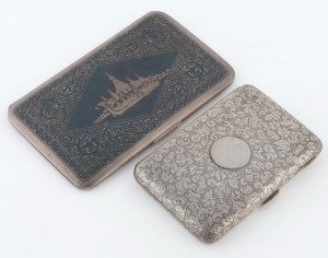 An antique English sterling silver cigarette case by Sampson Mordan & Co. together with a Thai silver and niello cigarette case, 19th and 20th century, the Thai case 14cm wide, 302 grams total