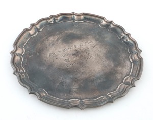An English sterling silver salver with inscription, mid 20th century, 20.5cm wide, 322 grams
