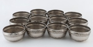 Set of 12 Burmese silver plated finger bowls, 20th century, 6cm high, 10cm wide