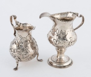 Two Georgian antique English sterling silver cream jugs, 18th/19th century, 11cm and 9.5cm high, 150 grams total.