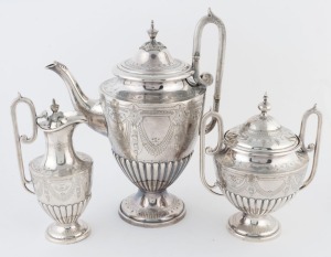 McCULLOCH FAMILY INTEREST, antique three piece silver plated tea service with engraved decoration and family crest, 19th century, ​​​​​​​the largest 30cm high