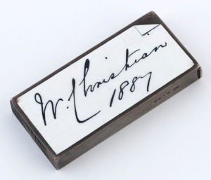 HARDY BROS. antique English sterling silver novelty vesta with enamel ownership details "W. CHRISTIAN, 1887", 7.5cm wide