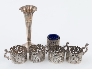 Five assorted sterling silver condiment holders and a silver plated posy vase, (6 items), the vase 14cm high, 132 grams silver weight