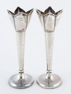 A pair of antique sterling silver posy vases with tulip tops and weighted bases, made in Birmingham, circa 1919, 16cm high