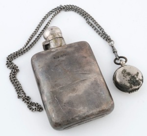 Antique sterling silver hip flask by JAMES DIXON & SONS of Sheffield, together with a nickel plated sovereign case on silver finished chain, (2 items), the flask 12cm high, 165 grams