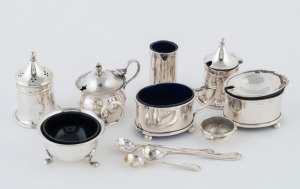 Five vintage sterling silver condiment pots (four with glass liners, one damaged), together with a pair of silver plated condiments and three mustard spoons, 20th century, (10 items), 127 grams silver weight