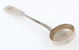 An antique Russian silver soup ladle with engraved monogram crest, 19th century, 30cm long, 162 grams