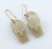 A pair of antique Chinese mutton jade earrings with 9ct gold fittings, 6cm high each overall