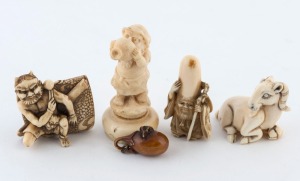 Three Japanese carved ivory netsuke, a carved ivory ojime, and a carved ivory gnome figural lid, (5 items), the largest 6cm high