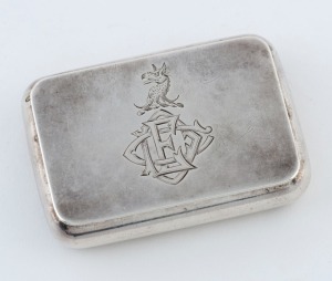 An antique sterling silver match vesta with a clever push sliding hinged lid mechanism, 19th century, 6cm wide, 65 grams