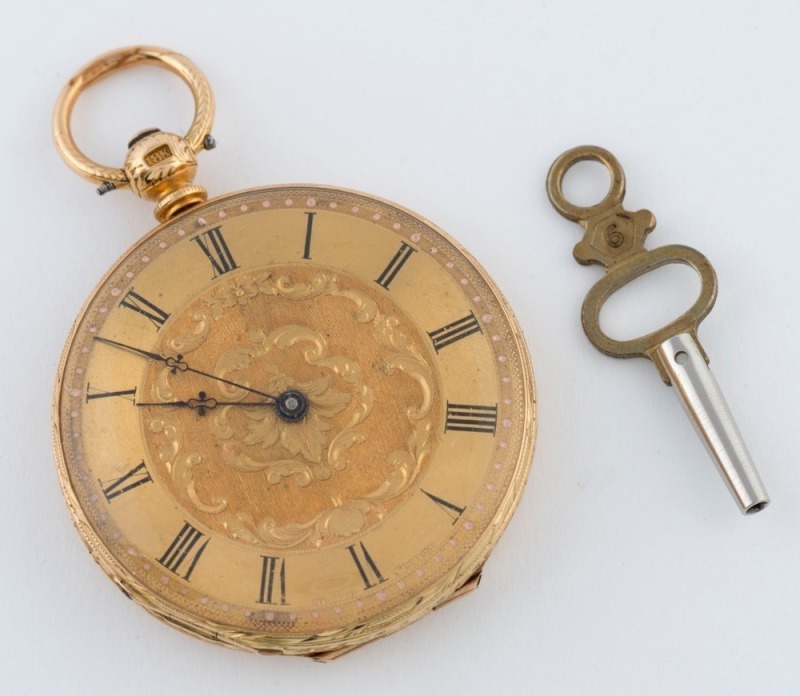 An antique 18ct gold pocket watch with engraved dial and Roman numerals, 19th century, ​​​​​​​5.5cm high overall