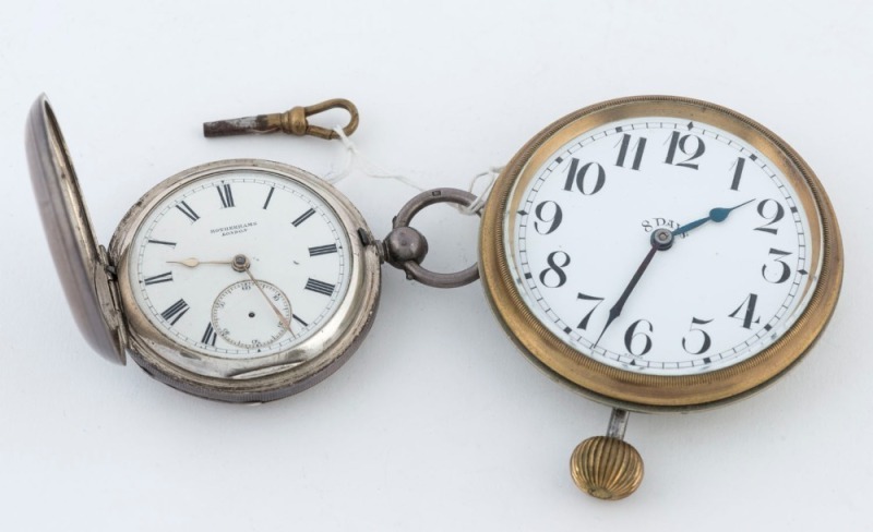 ROTHERHAMS antique sterling silver full hunter pocket watch with key, together with an eight day clock, 19th/20th century, (2 items), the larger8cm high