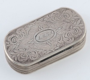 A Georgian silver snuff box with engraved decoration and gilt washed interior, early 19th century, marks rubbed, 7cm wide, 52 grams