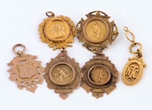 Assorted antique 9ct gold fobs, mainly sporting, plus military, early 20th century, (6 items), 29.5 grams total