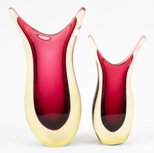 Two red sommerso glass beak vases, ​​​​​​​28cm and 19cm high.