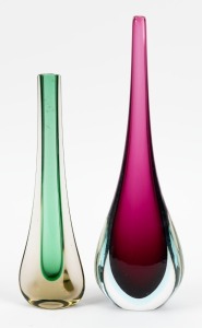 A purple sommerso glass stem vase together with a green sommerso blade form stem vase, 34.5cm and 27.5cm high.
