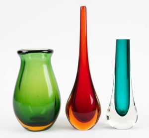 Three red and green sommerso glass vases including WHITEFRIARS and CENEDESE, ​​​​​​​the largest 28.5cm high. 