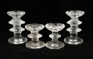 TIMO SARPANEVA two pairs of frosted Finnish glass candlesticks, 12cm and 8cm high