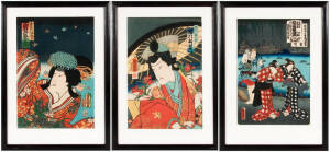 Japanese Woodblocks: Group of 3 woodblock prints of Kabuki players. Each 22cm x 33cm approximately