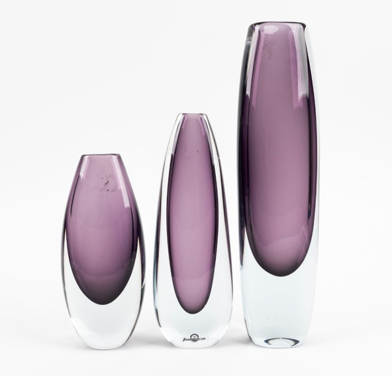 STROMBERG group of three Swedish purple sommerso glass vases, ​​​​​​​one bearing original label, the largest 35cm high