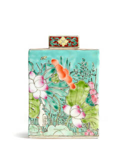 A Chinese Fencai enamel hexagonal jar and cover painted with exotic flowers, 18.4cm high, 12. 5cm wide and 5.8cm deep