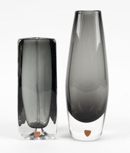ORREFORS pair of Swedish grey sommerso vases, one of triangular form, engraved "Orrefors" and bearing original foil labels,  23 and 18cm high.