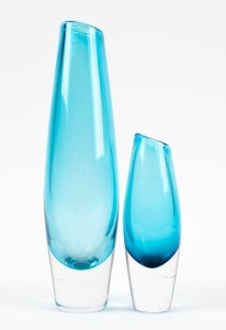 ORREFORS two Swedish blue sommerso glass vases, engraved "Orrefors", 29cm and 17.5cm high.