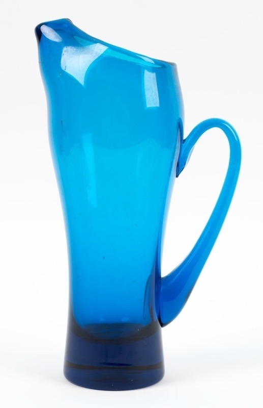 WHITEFRIARS English blue glass jug, designed by Baxter, 30cm high.