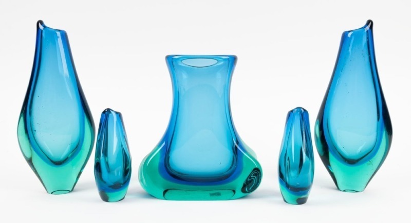 RIKARO group of five blue and green sommerso art glass vases, the largest 26cm high.