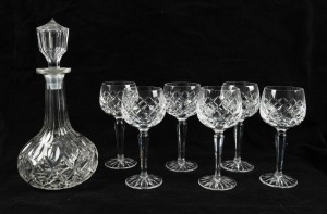 An antique crystal decanter, together with a set of six crystal wine glasses, 19th and 20th century, the decanter 28cm high