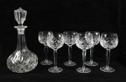 An antique crystal decanter, together with a set of six crystal wine glasses, 19th and 20th century, the decanter 28cm high