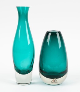 Riihimäki Lasi two Finnish green art glass vases, acid etched mark with original label, 23cm and 16cm high