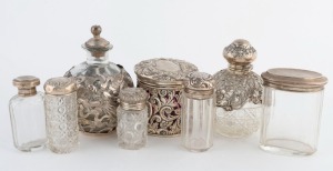 Eight assorted antique and vintage vanity jars and bottles with silver mounts, 19th and 20th century, the largest 14cm high