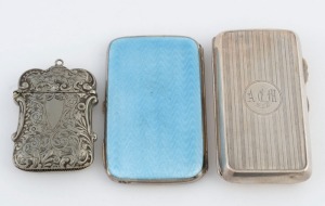 An antique Continental silver and blue enamel cigarette case, together with an English sterling silver cigarette case and a match vesta, 19th/20th century, (3 items), the enamel piece 8.5cm long, 180 grams total