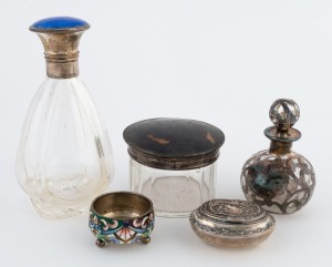 A Russian silver and enamel salt pot, a sterling silver pill box, and three assorted silver mounted vanity jars and bottles, 19th and 20th century, (5 items), the largest 13.5cm high