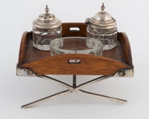 An antique condiment set in the form of a butler's table, oak and silver plate with crystal bottles, late 19th century, ​​​​​​​13cm wide