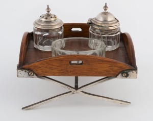 An antique condiment set in the form of a butler's table, oak and silver plate with crystal bottles, late 19th century, 13cm wide
