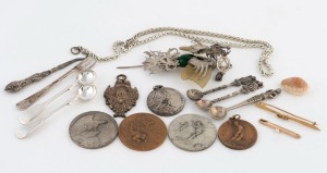 Assorted medals, condiment spoons and fork, lace hook, Chinese hairpiece, gold brooches, shell and necklace, (18 items)