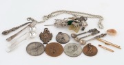 Assorted medals, condiment spoons and fork, lace hook, Chinese hairpiece, gold brooches, shell and necklace, (18 items)