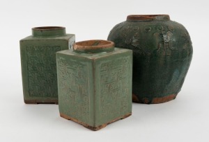 Three green glazed Chinese ceramic pots, 19th and 20th century, ​​​​​​​the largest 21cm high