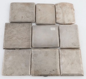 Nine assorted Art Deco sterling silver cigarette cases with engine turned decoration, circa 1930, the largest 9cm wide, 838 grams total