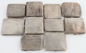 Nine assorted Art Deco sterling silver cigarette cases, early 20th century, the largest 9cm wide, 866 grams total