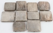 Nine assorted Art Deco sterling silver cigarette cases, early 20th century, the largest 9cm wide, 866 grams total