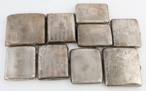 Nine assorted Art Deco sterling silver cigarette cases, early 20th century, the largest 9.5cm wide, 826 grams total